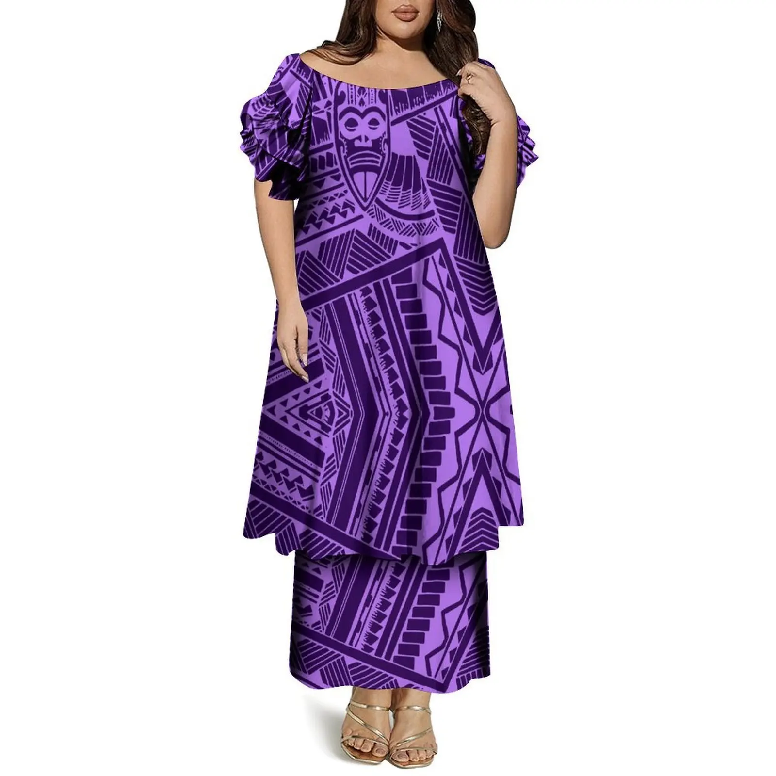 Summer Puletasi Round-Neck Butterfly-Sleeve Double-Layer Dress Set Custom-Made Loose Casual Dress For Polynesian Ladies