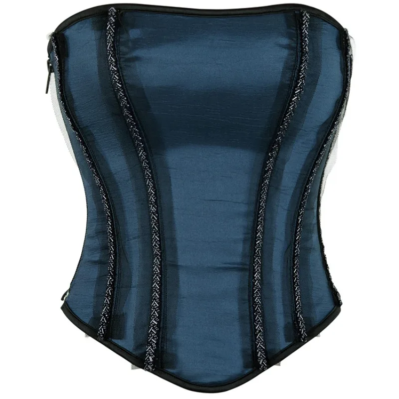 

Navy Blue Corset and Bustier for Women Waist Shape Side-body Zipper Strapless Bodice Boned Support Renaissance Satin Corsets