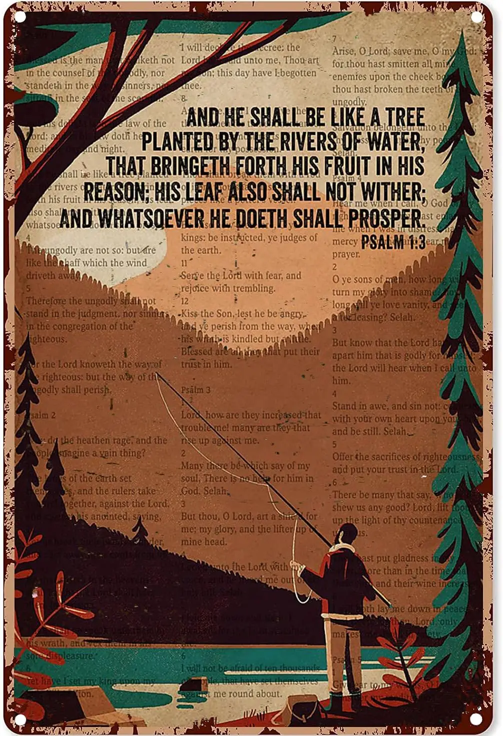 UOAIUDT Vintage Fishing Poster Metal Sign A Tree Planted By The Rivers Bible And Tin Signs Retro Plaque Wall Decor Gift