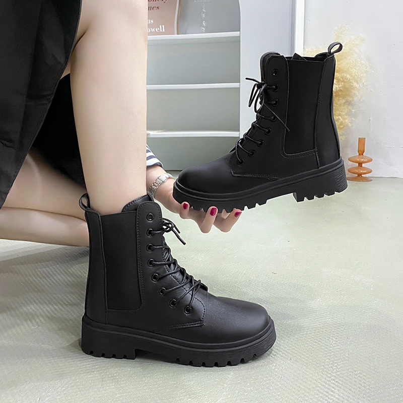 Women 2024 Autumn Winter New Tooling Boots Lady Anti Slip Waterproof Lace Up Short Boots Women Casual Thick Heel Knight Boots