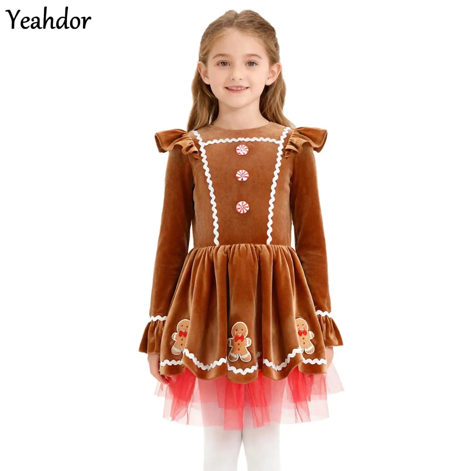 

Girls Gingerbread Man Party Dress Christmas Candy Cane Santa Cookie Cosplay Long Sleeve Figure Skating Ballet Leotard Tutu Dress