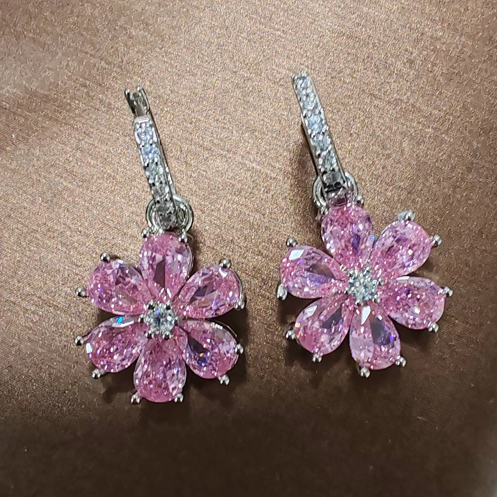 Roze Bloem Mousserende Zirkoon S925 Sterling Zilveren Oorbellen Voor Vrouwen Vintage Sieraden Bruiloft Verloving Oorringen Geschenken