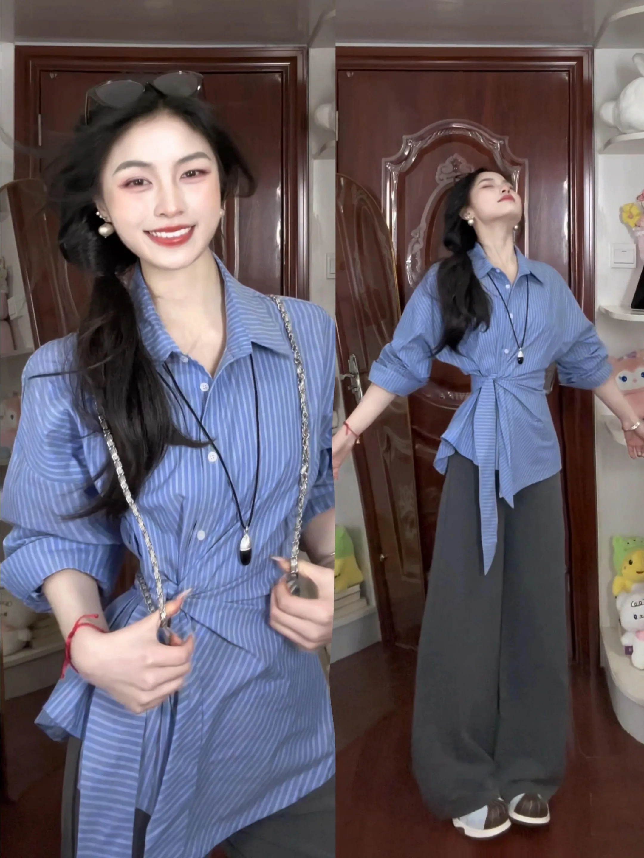 

Blue Striped Long Sleeve Shirt Women's Spring New Design Sense Waist Inward Tie Belted High-End Feeling Top French Style Cotton