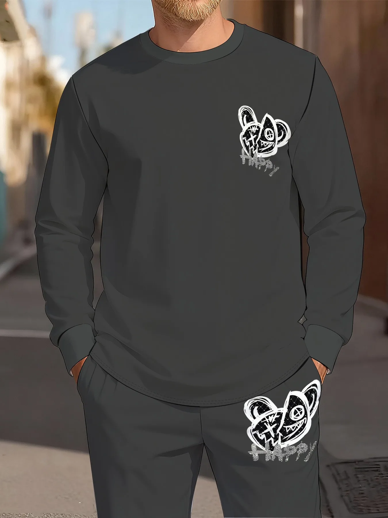 2026 Autumn/Winter New Style Simple Casual Fashion-Comfortable Soft 3D Bear Pattern Printed Men's Round-neck Sweatshirt Set view 2