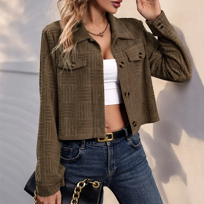 Women Jackets Women's Cropped Textured Jacket Lapel Collar Button Down Shacket Long Sleeve Casual Outwear with Pockets