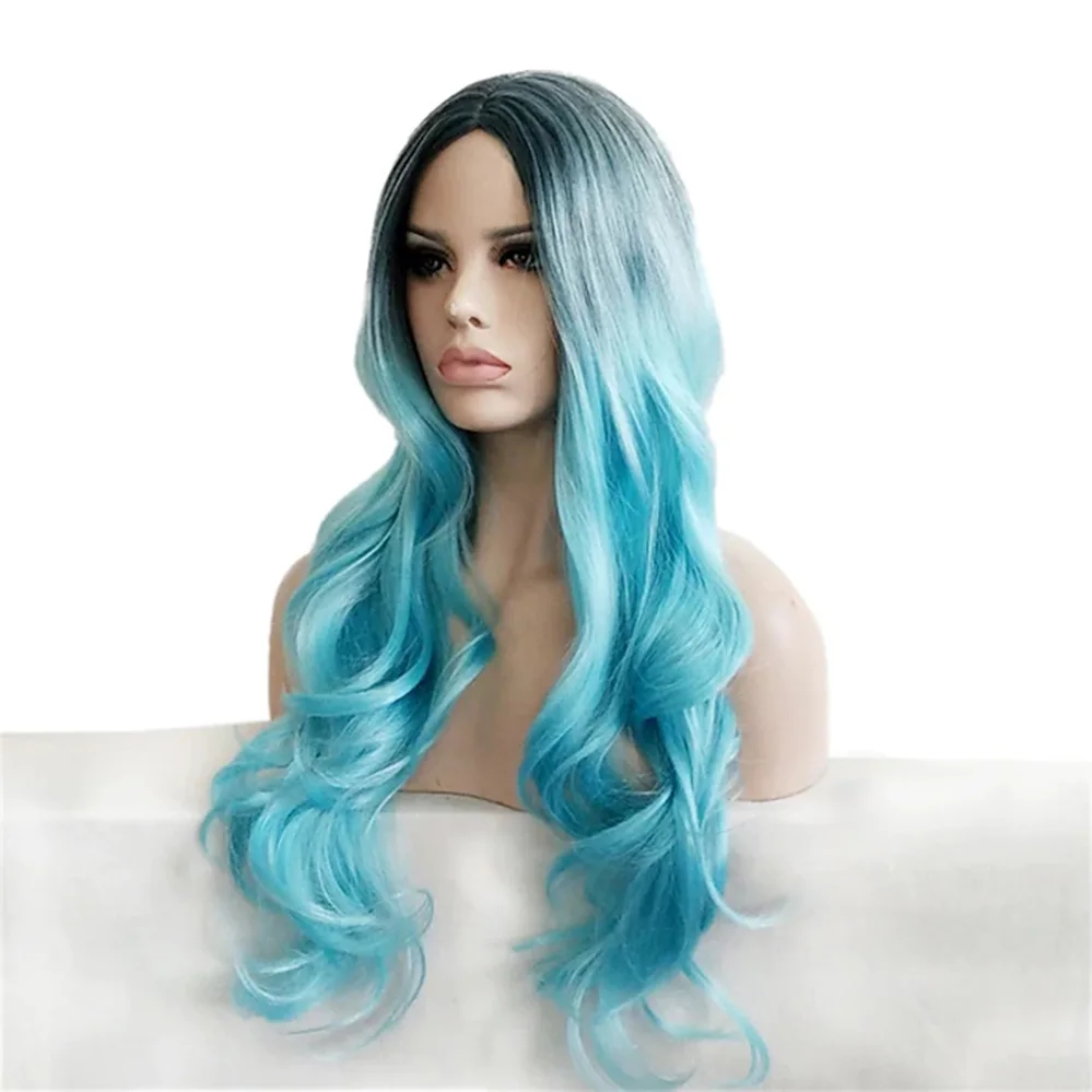 Black Blue Mixed Color Synthetic Wig Wavy Middle Part Machine Made Wig Long Synthetic Hair Women's Soft Wig for Womens