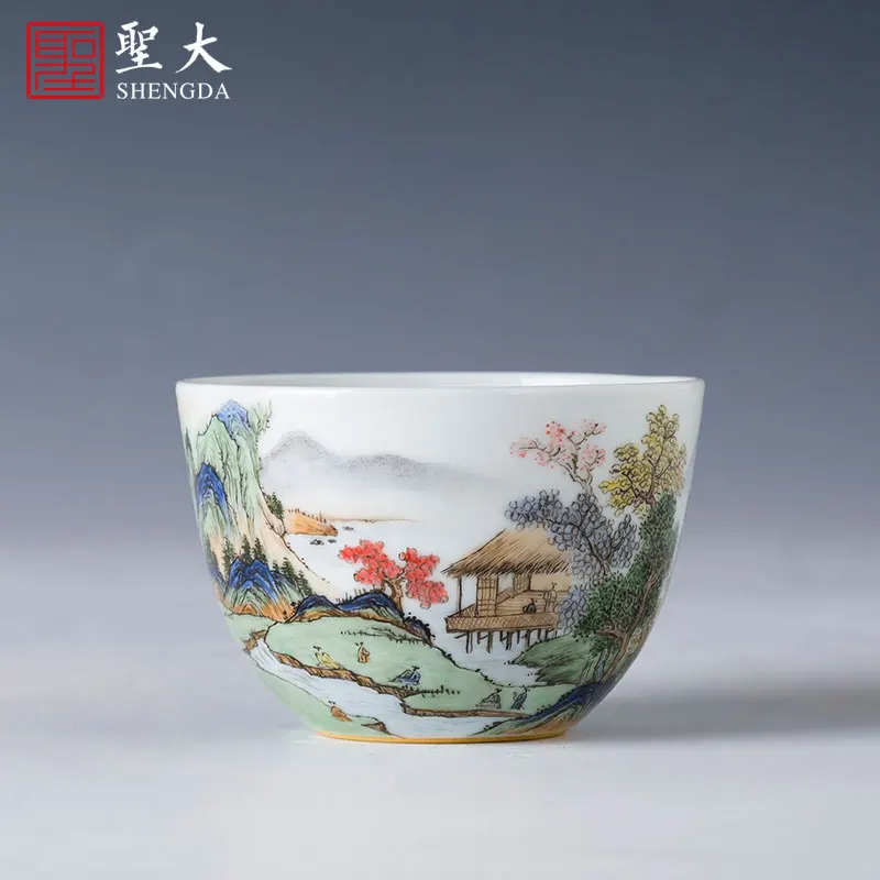 |tea cup Master Cup pure hand-painted pastel Castle Peak thatched cottage sleeping foot cup Jingdezhen hand-made tea set