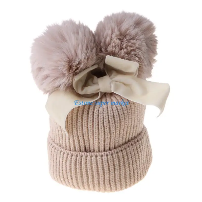 090B Baby Hat Winter Knitted Child Thickening Child Baby Double Ball Bow Children's Knitted Hat Autumn And Winter
