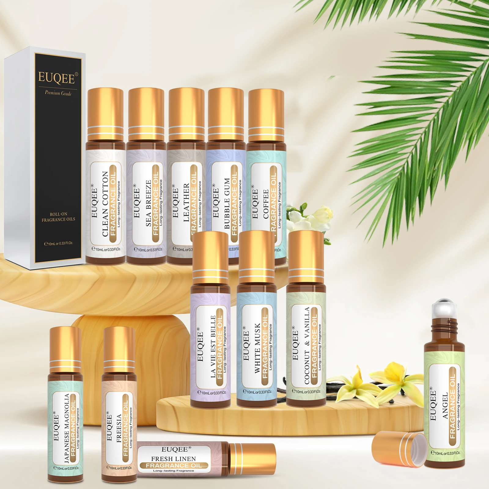 EUQEE 10ml Roll-On Fragrance Oil Sea Breeze White Musk Coconut & Vanilla Bubble Gum Green Tea Angel Amber Long Lasting Scent