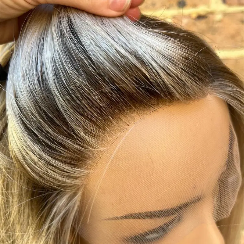 

Party Wig 13X4 Swiss Lace Ombre Ash Blonde Synthetic HD Lace Front Wig Heat Resistant Realistic Natural Looking Wig Straight Bob