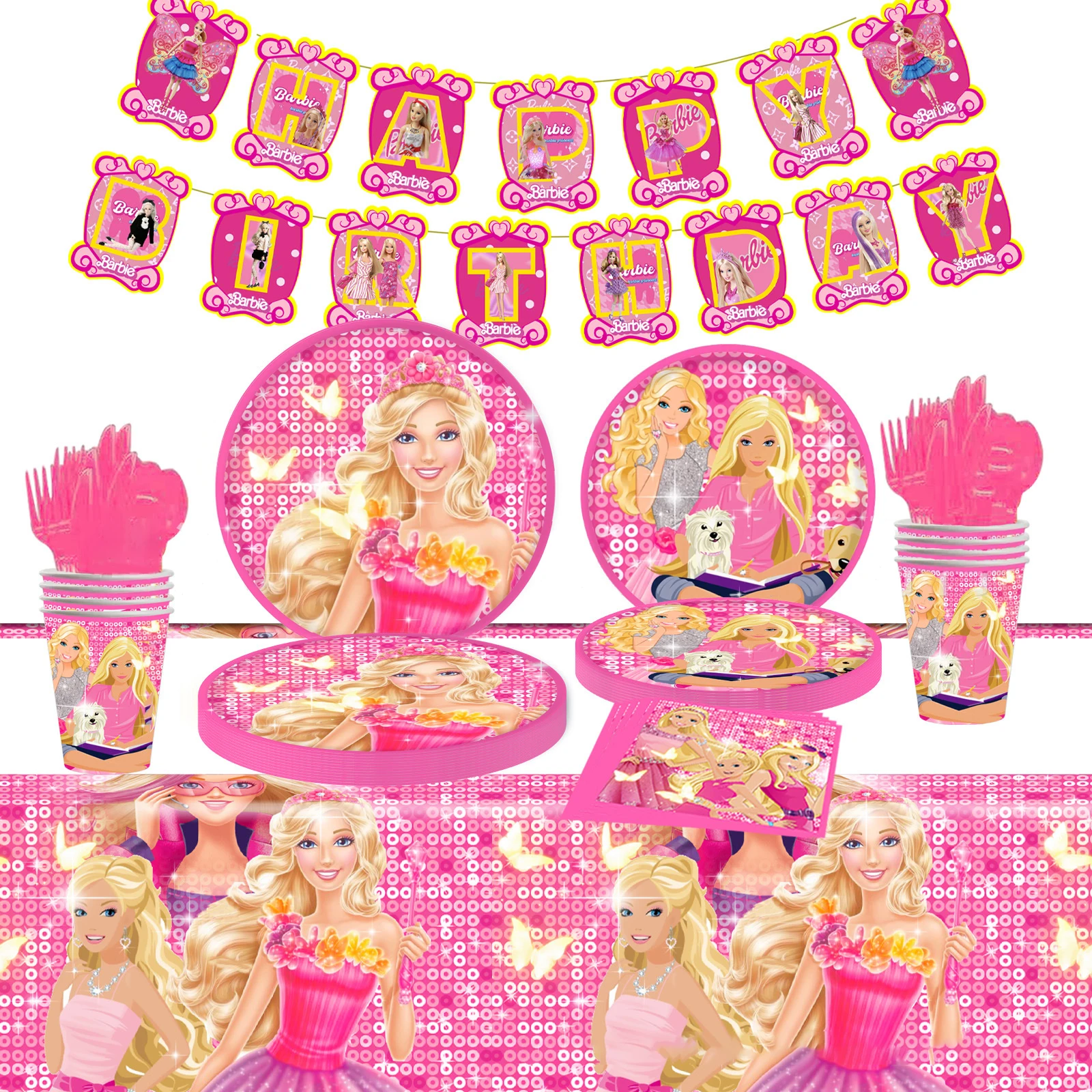 MINISO Barbie Birthday Party Pink Girls Disposable Tableware Cup Plate Napkin Banner Princess Party Decorations Supplies Gifts