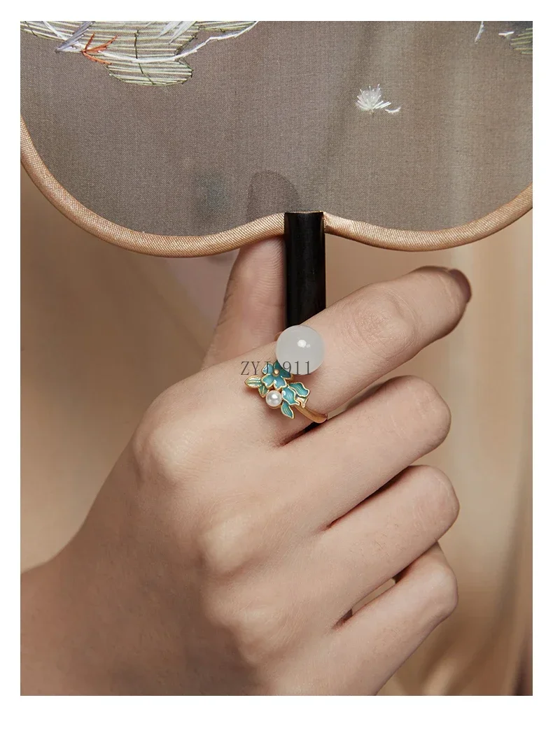 * ซากุระซีรีส์ 2024 ใหม่แหวนเงินผู้หญิงทาสีเคลือบฝังหยกHetianแหวนย้อนยุค