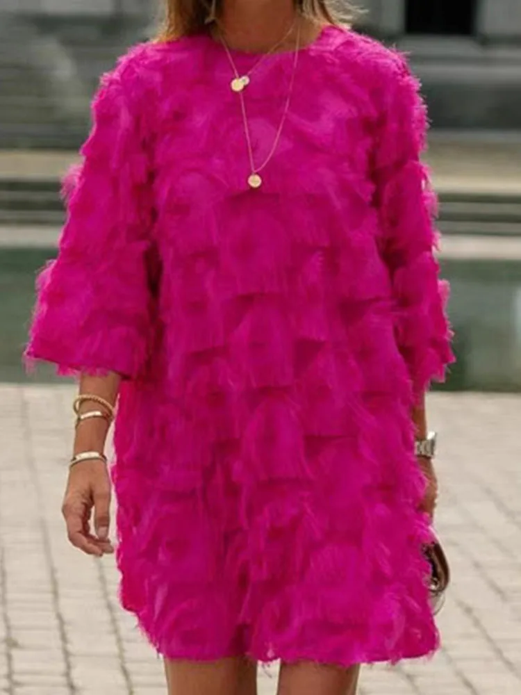 ربيع عادية فضفاض بلون فستان قصير 2025 الخريف أنيقة عالية الخصر فستان قصير موضة س الرقبة 3/4 كم فستان مستقيم