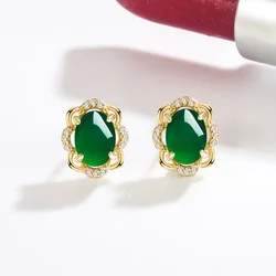 Natural Emerald Earrings for Woman Real Luxury Female 18k Gold Jewelry Vintage Double Stud Earrings for Women Yellow Gold