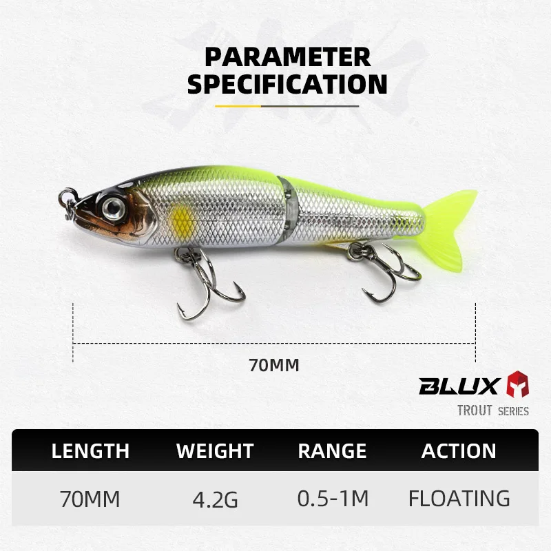 Blux Jack Klaue 70f 70mm 4,2g langsam schwimmende Gelenk Swimbait Minnow Wobbler Angel köder künstliche harte Köder für Hecht Bass Forelle