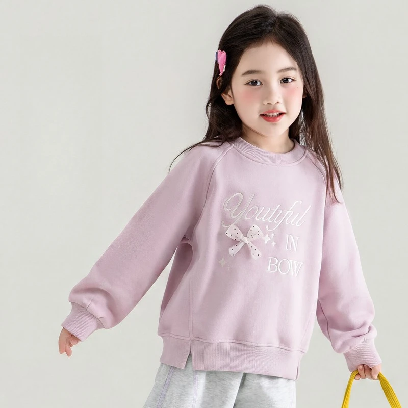 2026 Fall New Girls Korean Bow Knot Embroidered Letter Sweatshirt Sweet Top Little Girl Stylish Nice Design