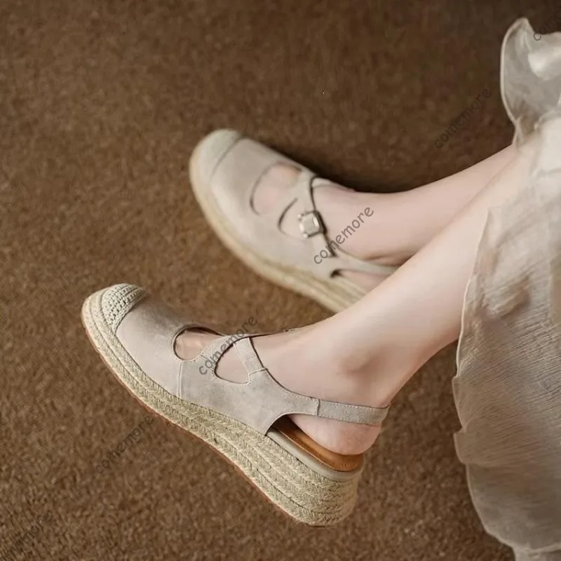 Comemore Platform Baotou Wedge Heel Pumps Spring Summer Flat Straw Botttom Suede Casual Mary Jane Shoes Round Head Heels Women view 2