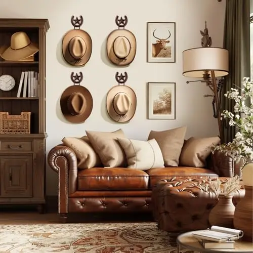 

Western-Style Wall Hat Organizer 4pcs Decorative Mount With Star And Horseshoe Accents For Cowboy Caps