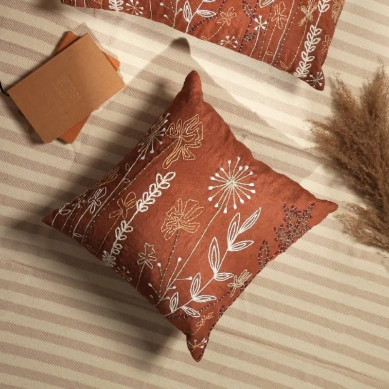 Linen Embroidered Lumbar Pillow Cotton Polyester Handcrafted Floral Design Timeless Natural Cushion Home Decor Gift