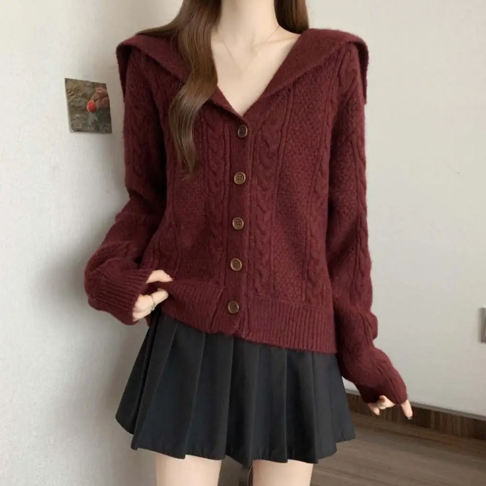 

Свитер с откидным воротником и сеткой, вязаный крючком, осень-весна, свободный кардиган с жареным тестом, женские топы, тонкие укороченные пальто в консервативном стиле