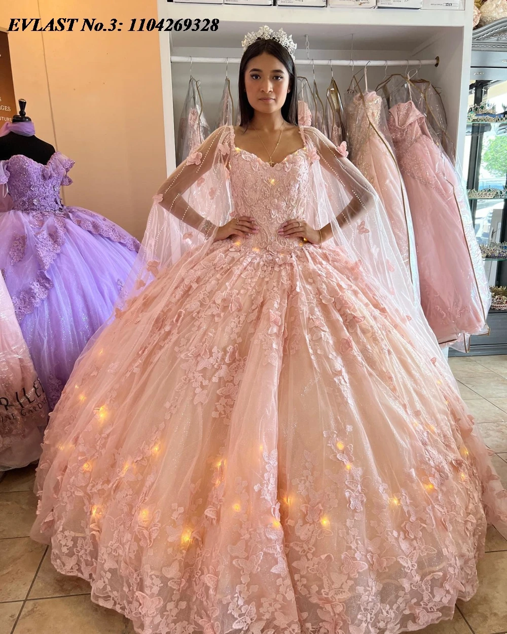 EVLAST Personalizzato 2025 Lavanda Abito Quinceanera Abito di Sfera Farfalla Applique Perline Mantello Dolce 16 Vestido De 15 Anos E3Q490