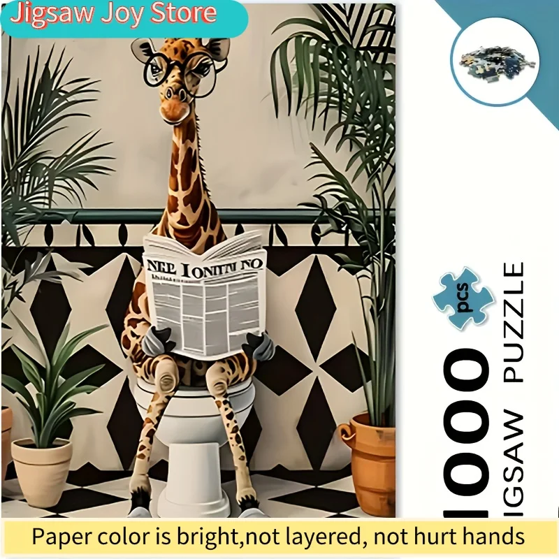 Large Puzzle - Modern Humor, Giraffe Reading Newspaper on Toilet, Animal Art, Unique Gift for Friends and Family