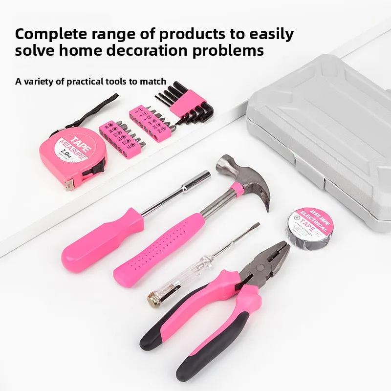 Compact pink toolbox, heavy-duty portable multifunctional DIY tool set, integrated household maintenance tool combination