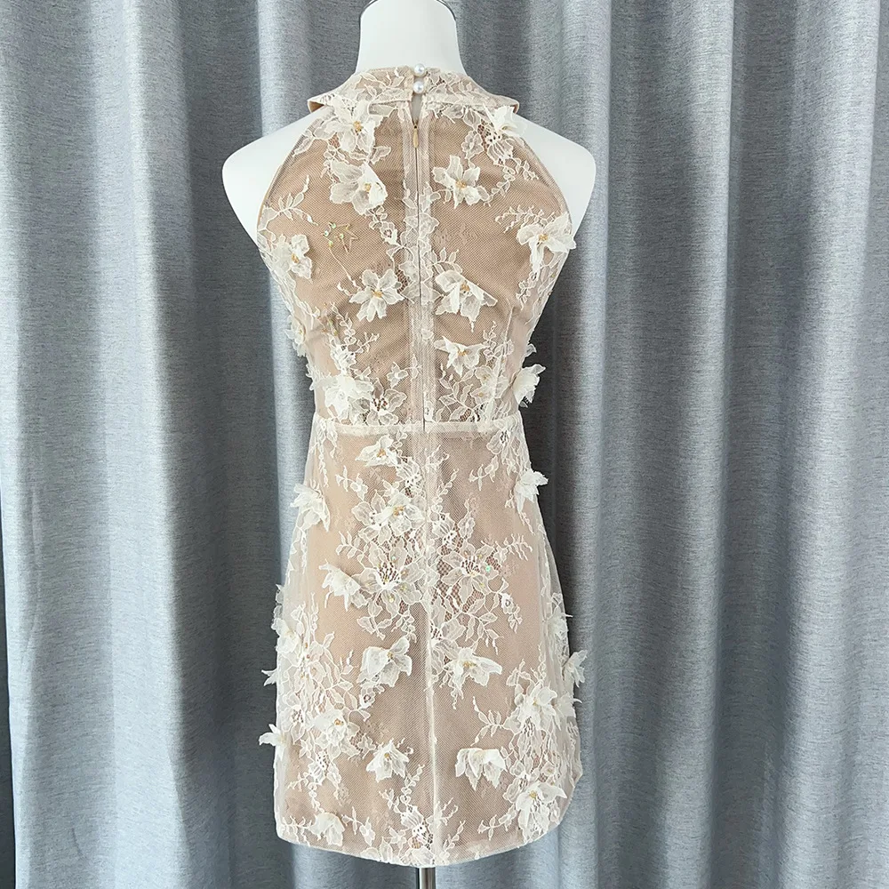 موضة جديدة المرقعة زهرة فساتين للنساء الرسن طوق أكمام عالية الخصر عارية الذراعين أنيقة فستان حفلة صغيرة الإناث