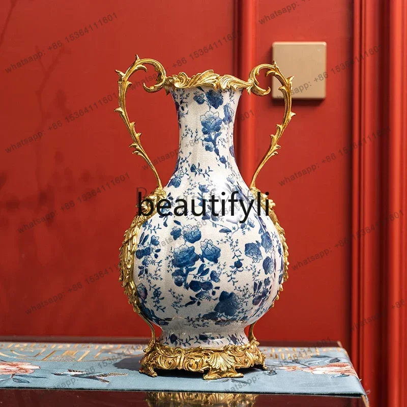 European Blue and White Ceramic Flower Arrangement Vase American Living Room Exhibition Hall Vintage Vase Ornament