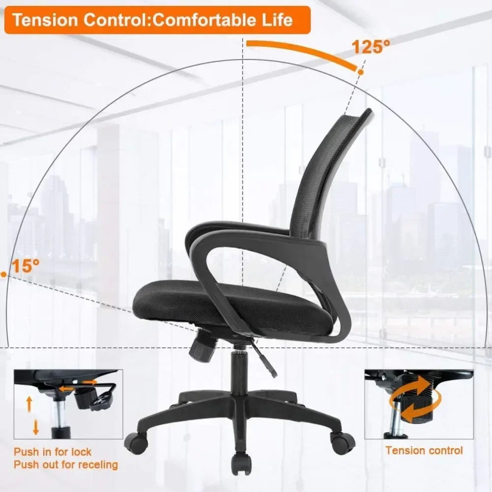 Ergonômica Mesh Desk Chair com Apoio Lombar, Cadeiras de Computador, Braço, Rolling Swivel, Ajustável, Preto, Casa, Escritório