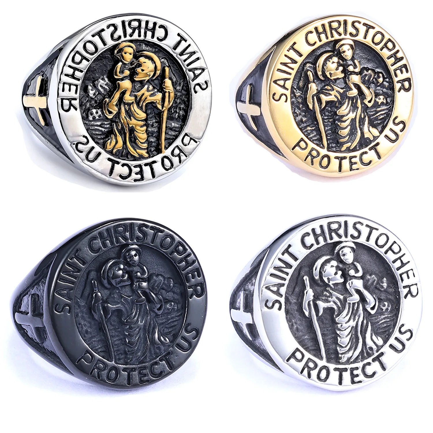 

5 pcs Stainless Steel Vintage Saint Christopher Ring Stainless Steel Christian Amulet Jewelry Cross Ring for Men Women