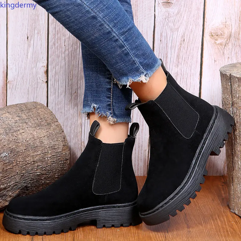 Women's Chelsea Boots Faux Suede Platform Ankle Boot for Women Retro Khaki Med Heels Short Botas Mujer Shoes Womens Boot Autumn