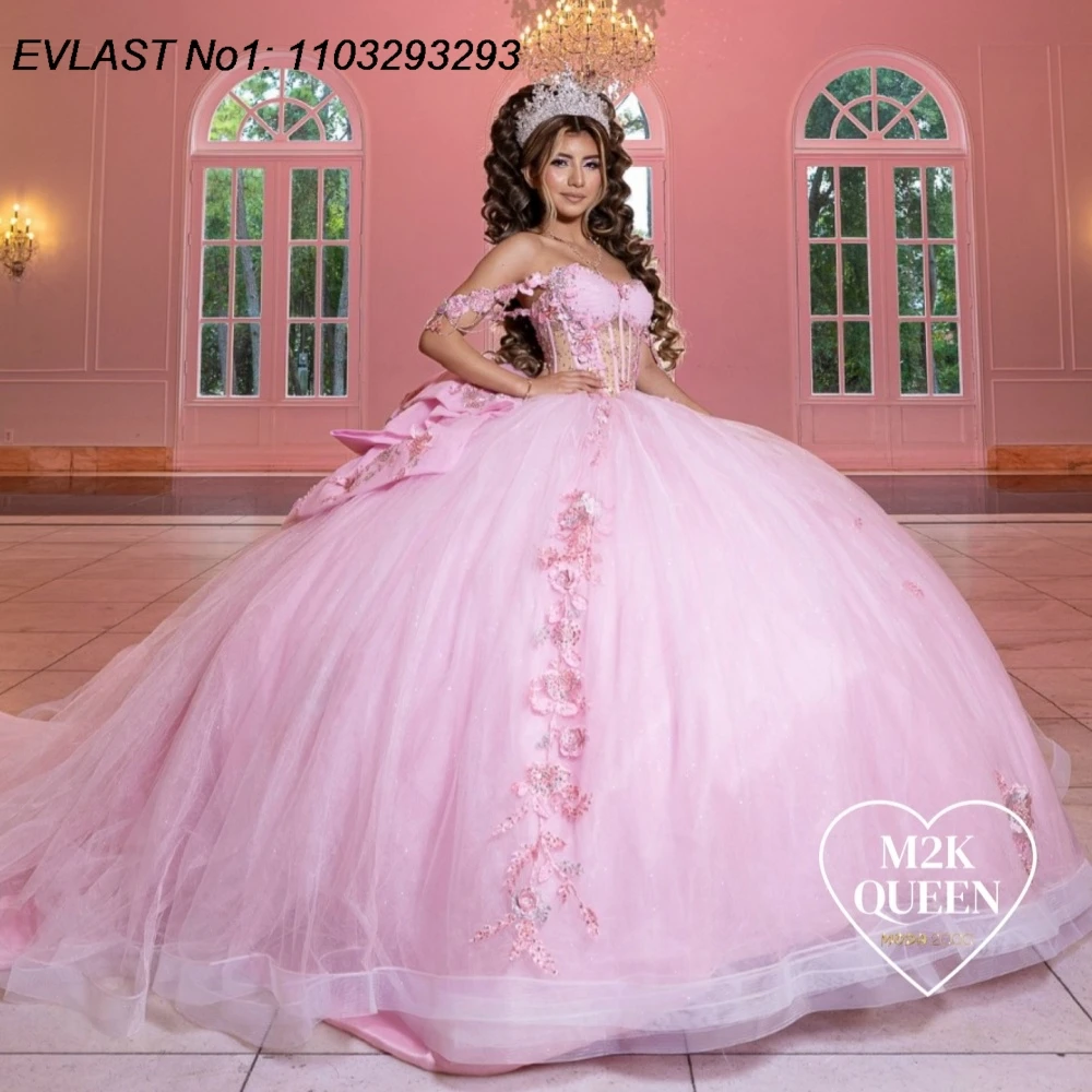 EVLAST Customized Glitter Pink Quinceanera Dress Ball Gown Floral Applique Crystal Beaded Sweet 16 Vestidos De 15 Anos AQ114
