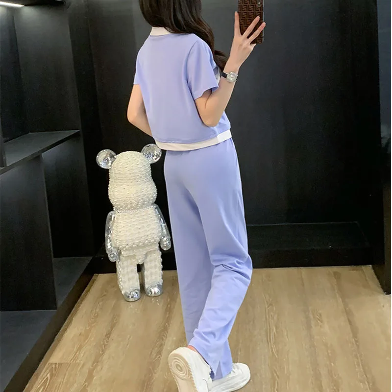 Summer Two Piece Sets Women Outfits V-neck Short Sleeve T-Shirt+ Wide Leg Pants Loose Suit 2023 Summer Female Casual Tracksuit