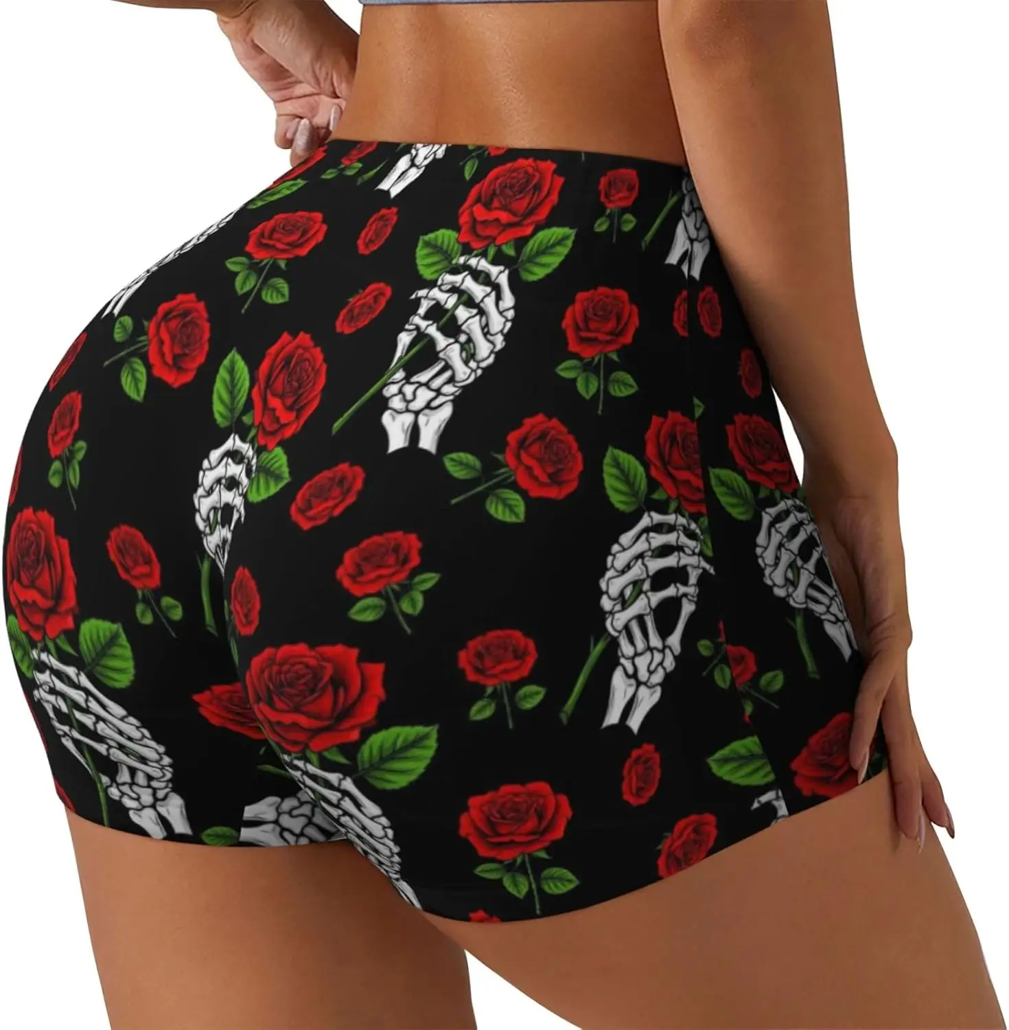 Pantaloncini da motociclista da donna per ragazze gotiche con rosa e teschio, a vita alta, per allenamento, pallavolo, yoga, pantaloncini in spandex morbidi