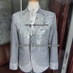 Sparkle Crystals Men Suits For Wedding Groom Tuxedos Luxury Gem Male Prom Party Blazers 2 Pieces Sets Slim Fit Costume Homme