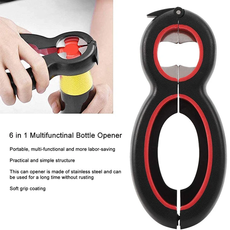 LMETJMA Multifunctional  6 in 1 Can Opener Simple Beer Bottle Opener Jar Gripper Can Beer Lid Twist Off Opener JT05