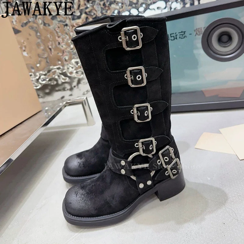 Real Leather Knee High Boots Women Round Toe Buckle Designer Knight Boots Autumn Winter Luxury Runway Fashion Week Boots femina