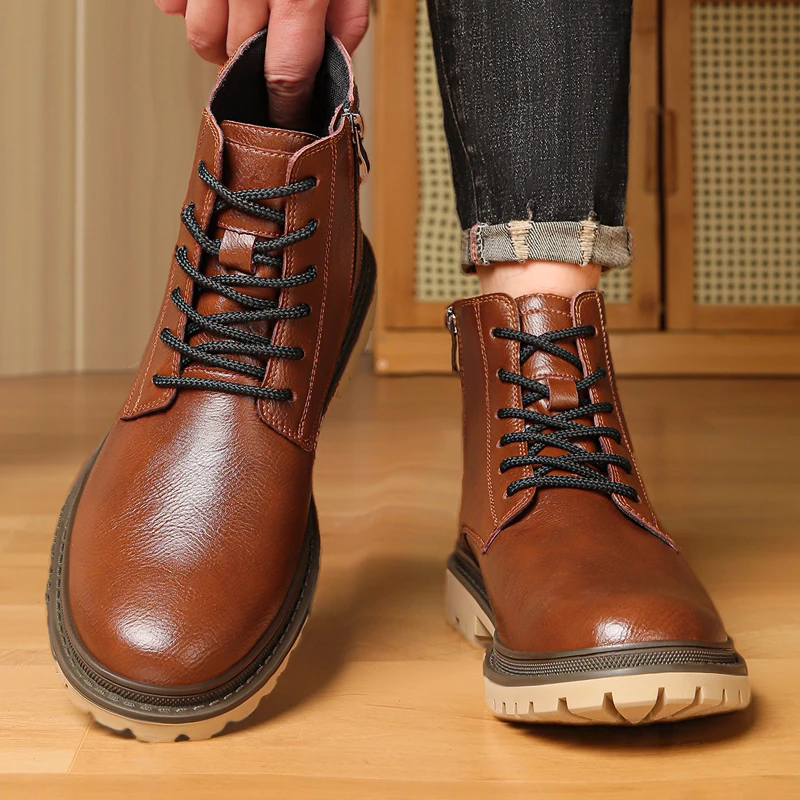 

Big Size 50 Men High-Top Shoes Lace-up Solid Short Boots Genuine Leather Male Ankle Boots Winter Plush Snow Boots Warm Shoes