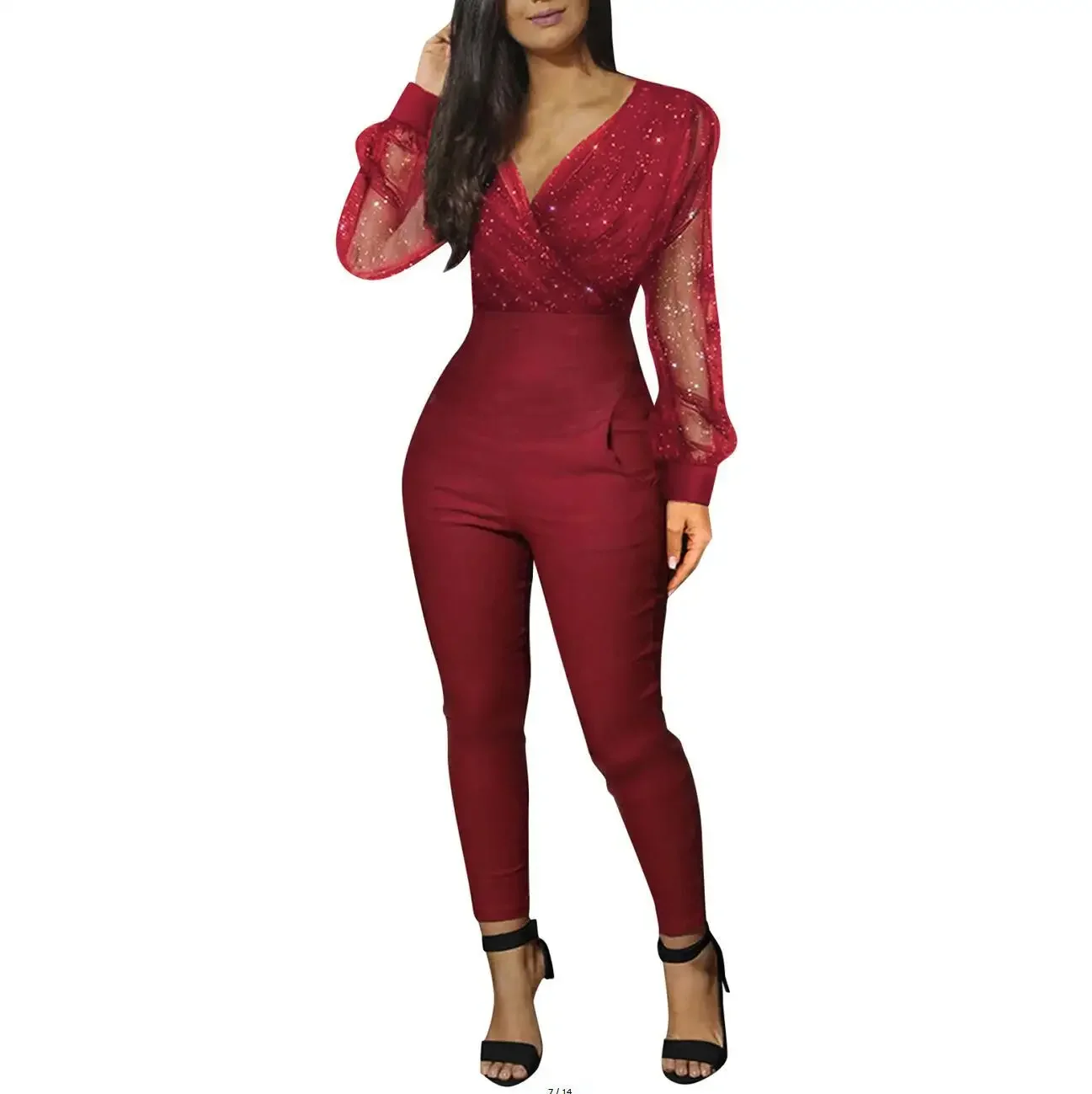 Elegant Sequins Mesh Glitter Jumpsuit New Spring Rompers Women  Party Night Autumn Female Solid Casual V-neck Full Length Pants