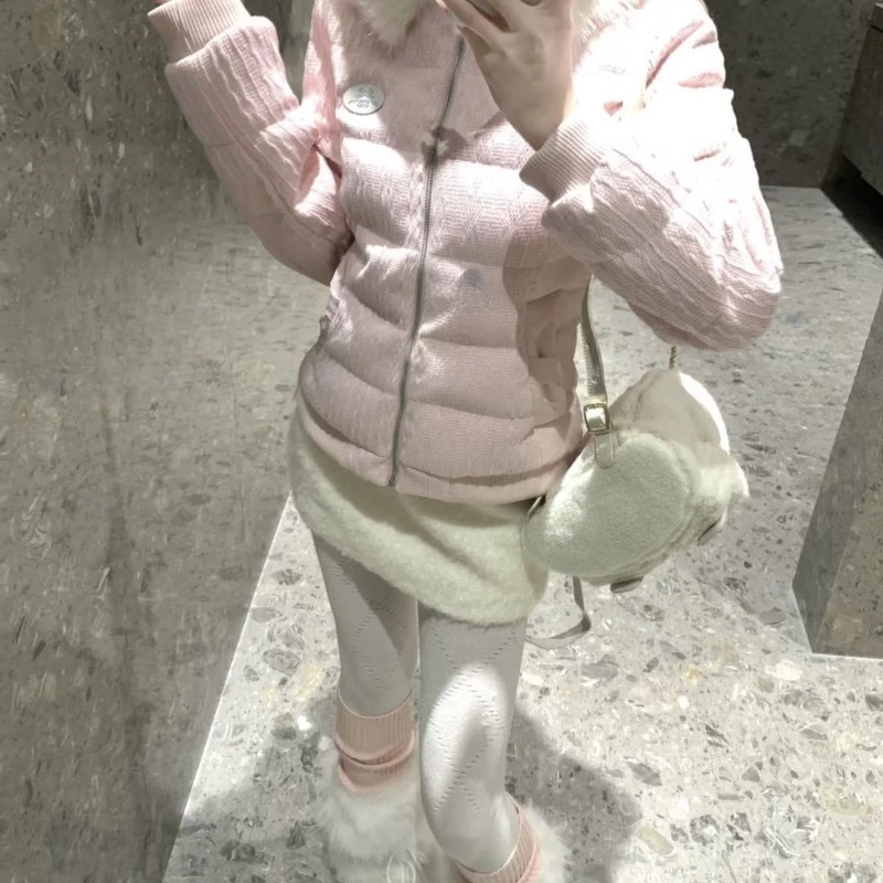 Korean Sweet Furry Trim Down Coat Women Elegant Aesthetic Loose Hooded Jacket Winter Preppy Style Fashion Warm Outerwear New