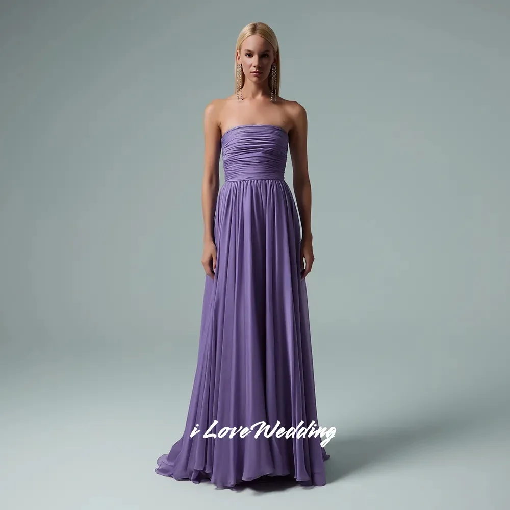 فساتين سهرة أرجوانية بدون حمالات 2025 بدون أكمام على شكل حرف a للحفلات الراقصة بدون ظهر بطول الأرض مطوي فستان حفلات الزفاف حسب الطلب