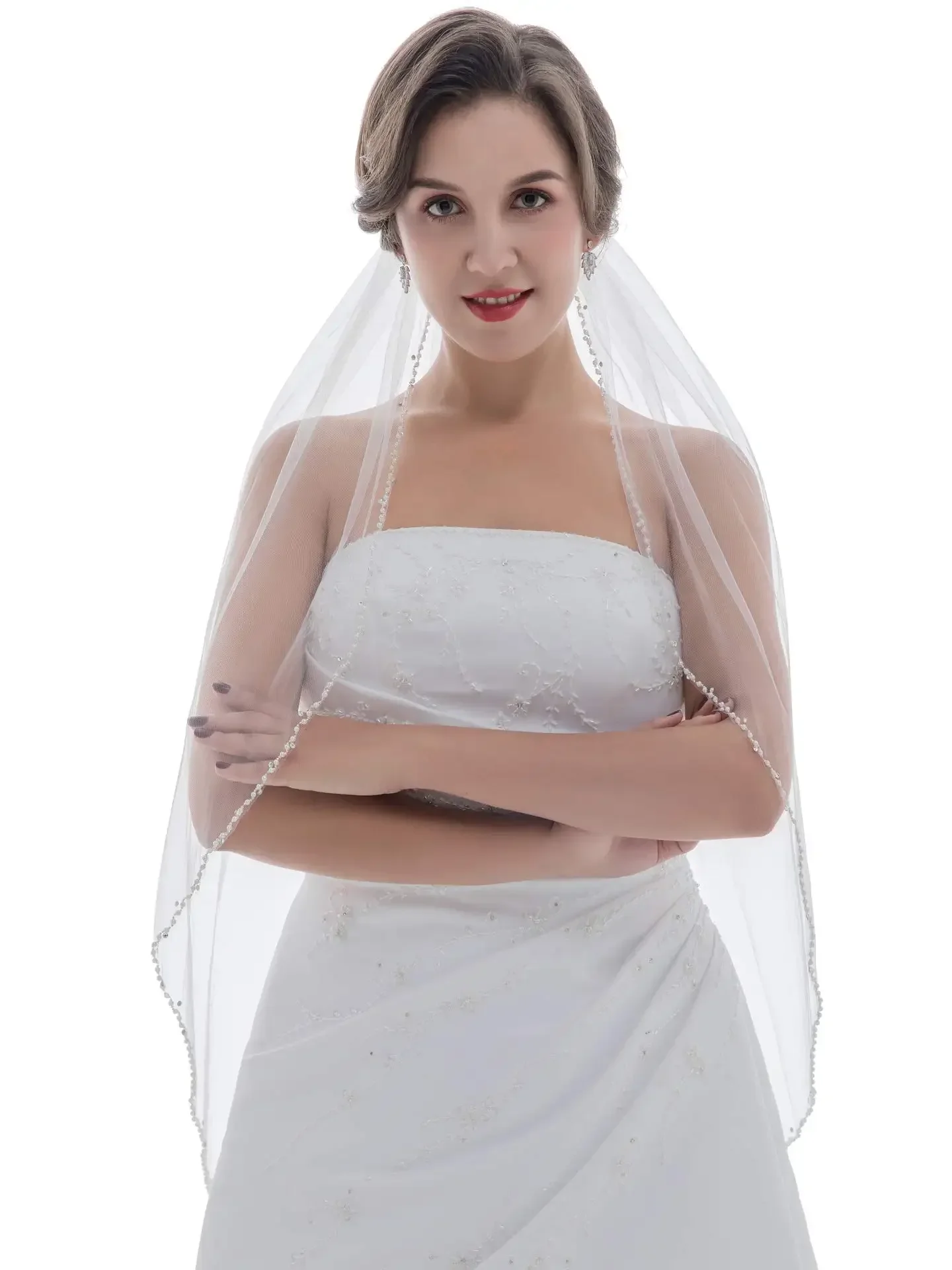 

Wavy Crystal Pearl Beaded Bridal Wedding Veil