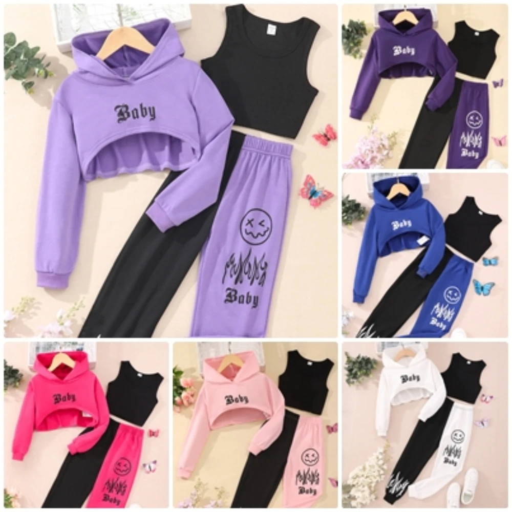 3 Pcs Set Kids Girl Clothes Hooded Hoodie + Vest + Pants Spring Summer Fashion Outfit Streetwear Suit 7 8 9 10 11 12 Years Old