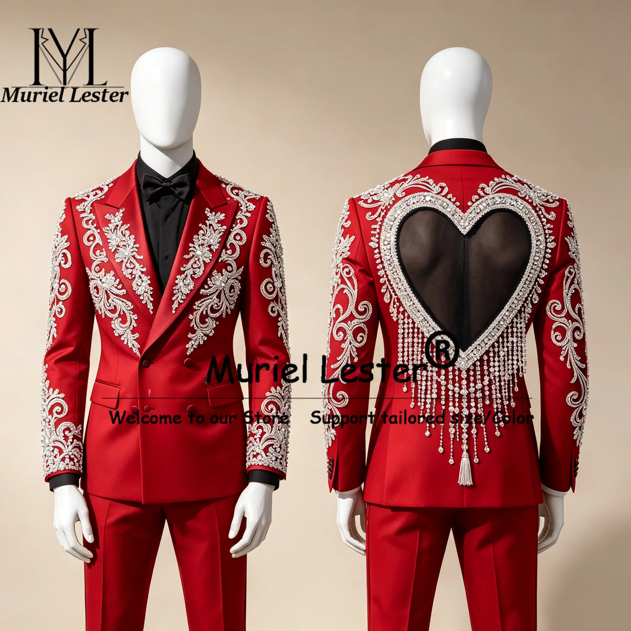Luxury Men's Suit Sets Illusion Tulle Back Design Customized Heavy Beaded Stones Prom Blazer 2 Pieces Groom Wedding Tuxedo 2027