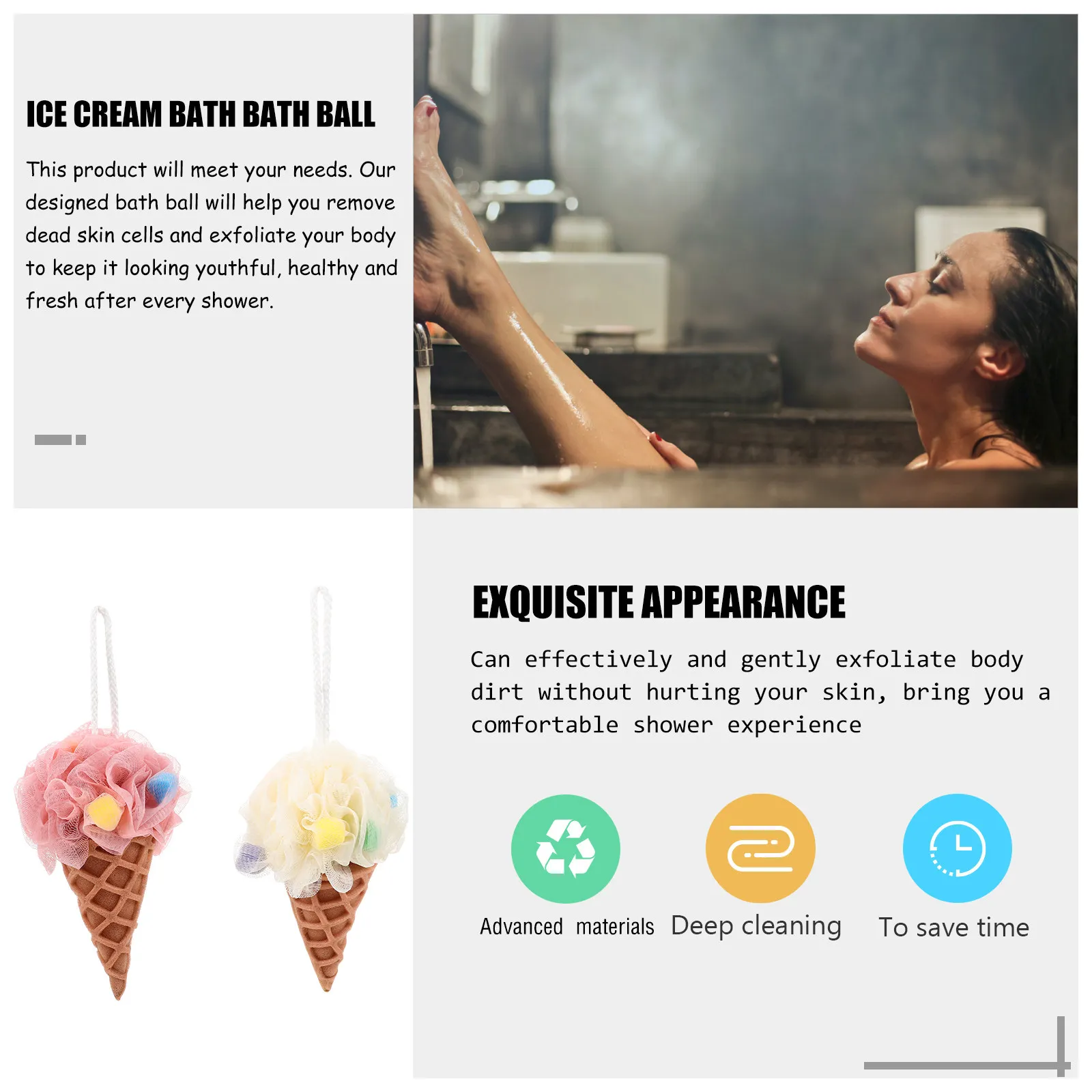2Pcs Ice Cream Style Bath Ball Loofah Sponge Household Shower Loofah with Lanyard for Easy Hanging Quick Drying Elastic