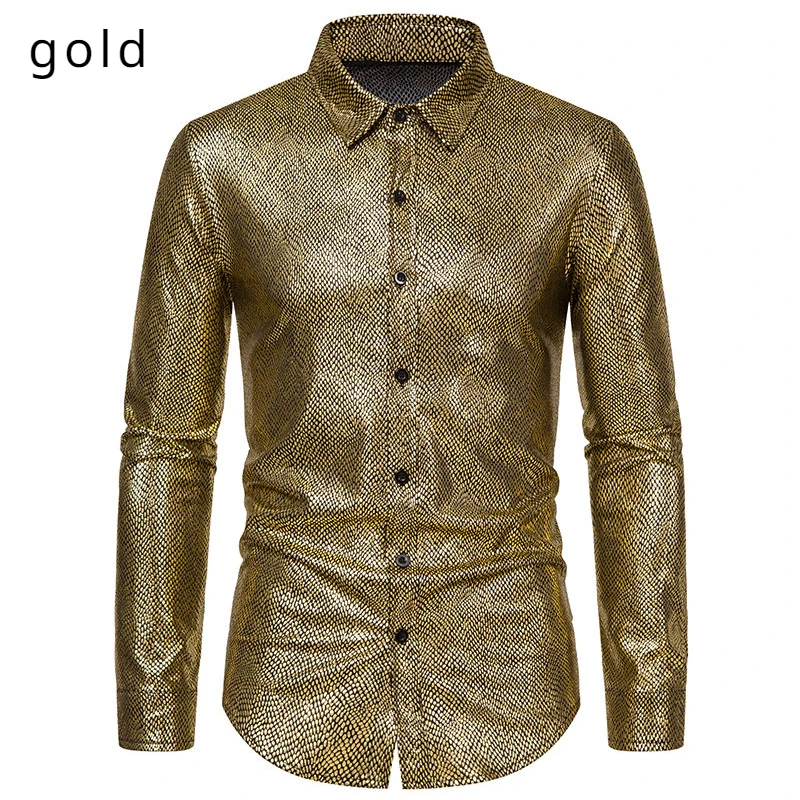 2024 Spring New Men\'s Snakeskin Pattern Hot Stamping Shirt Men\'s Stage Costume Banquet Men\'s Long Sleeve Shirt Shiny Party Shirt