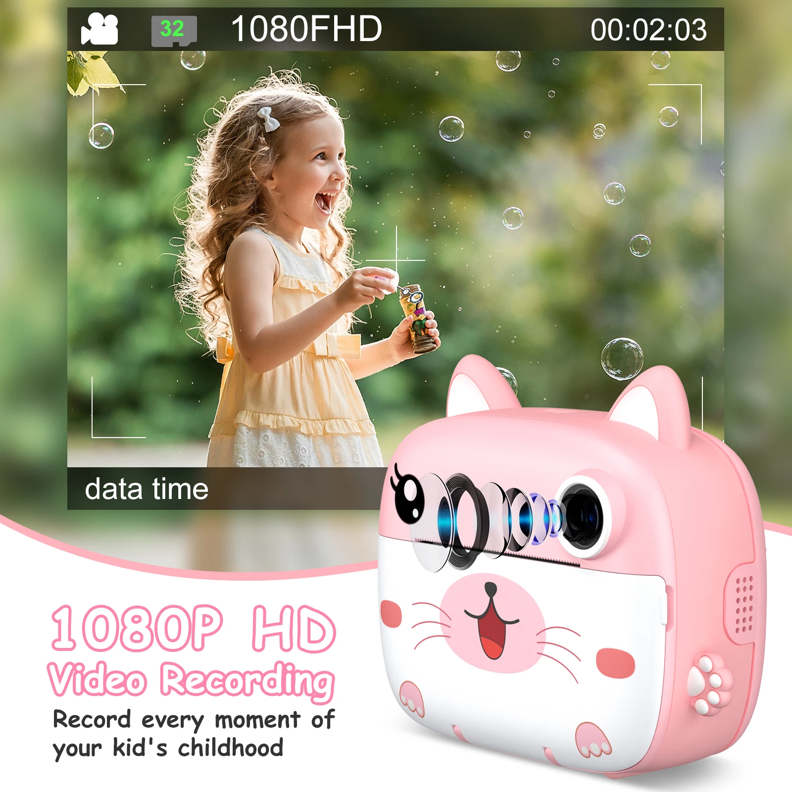 Gofunly kamera Digital cetak instan anak-anak, kamera Digital kartun kucing 1080P HD mainan kamera portabel dengan hadiah kartu 32GB untuk anak laki-laki dan perempuan