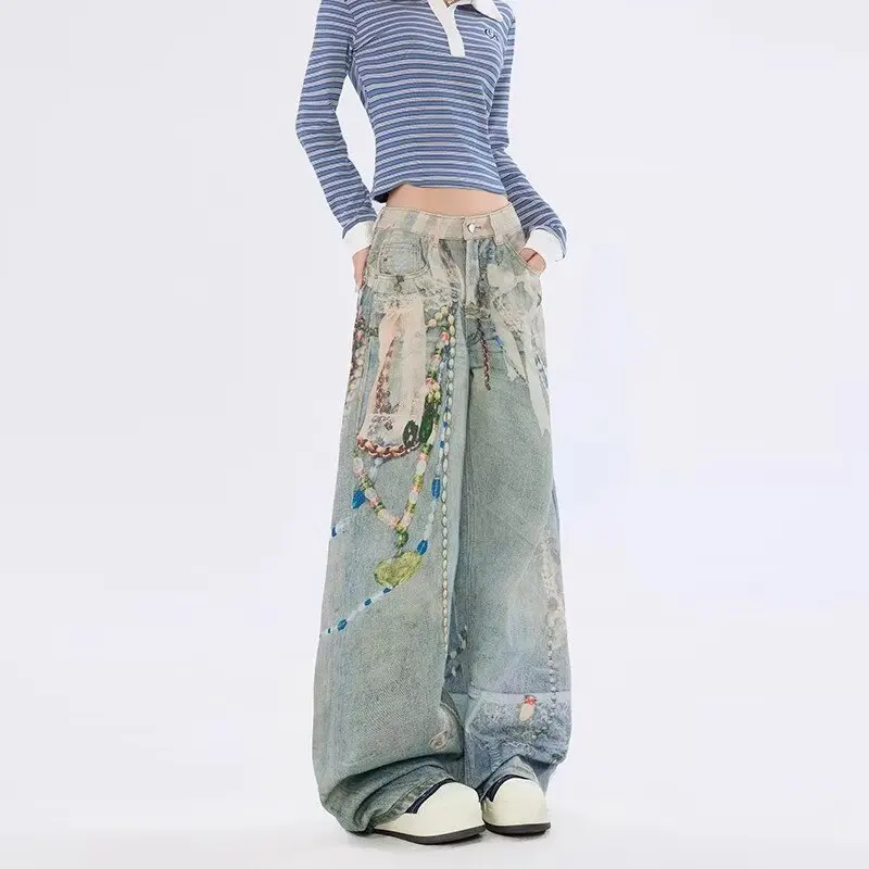 Spodnie jeansowe damskie w stylu Cyber Y2K z 2025 roku, drukowane w 3D, vintage, niebieskie, szerokie, proste, dżinsowe spodnie damskie, pantalon femme