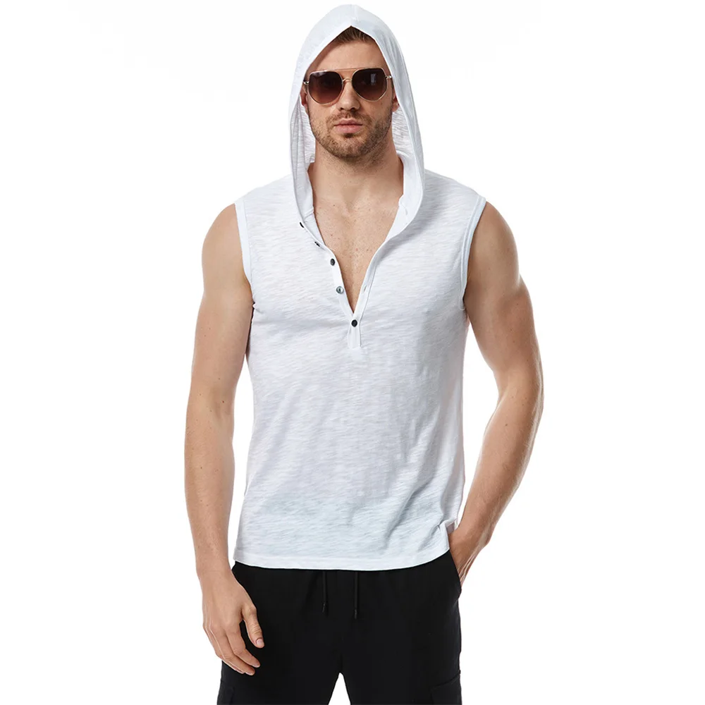 Men Cotton Tank Tops Tees Sleeveless T-shirt Fitness Gym High Elastic Hooded Vest Casual Fashion Baggy T Shirt Male Summer